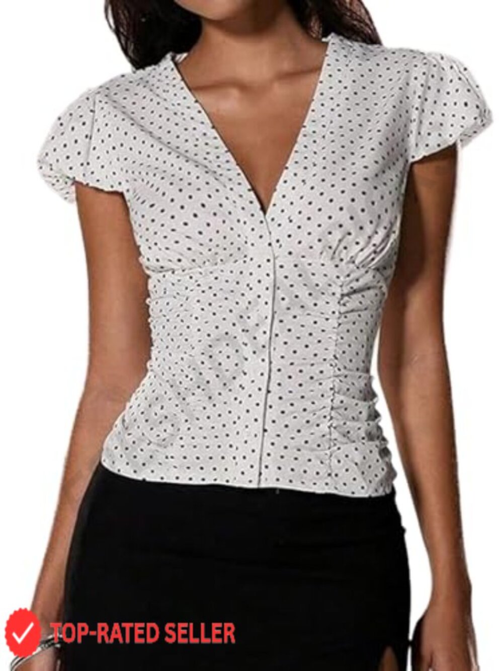 Floerns Women's Polka Dots V Neck Puff Sleeve Button Down Ruched Blouse Top